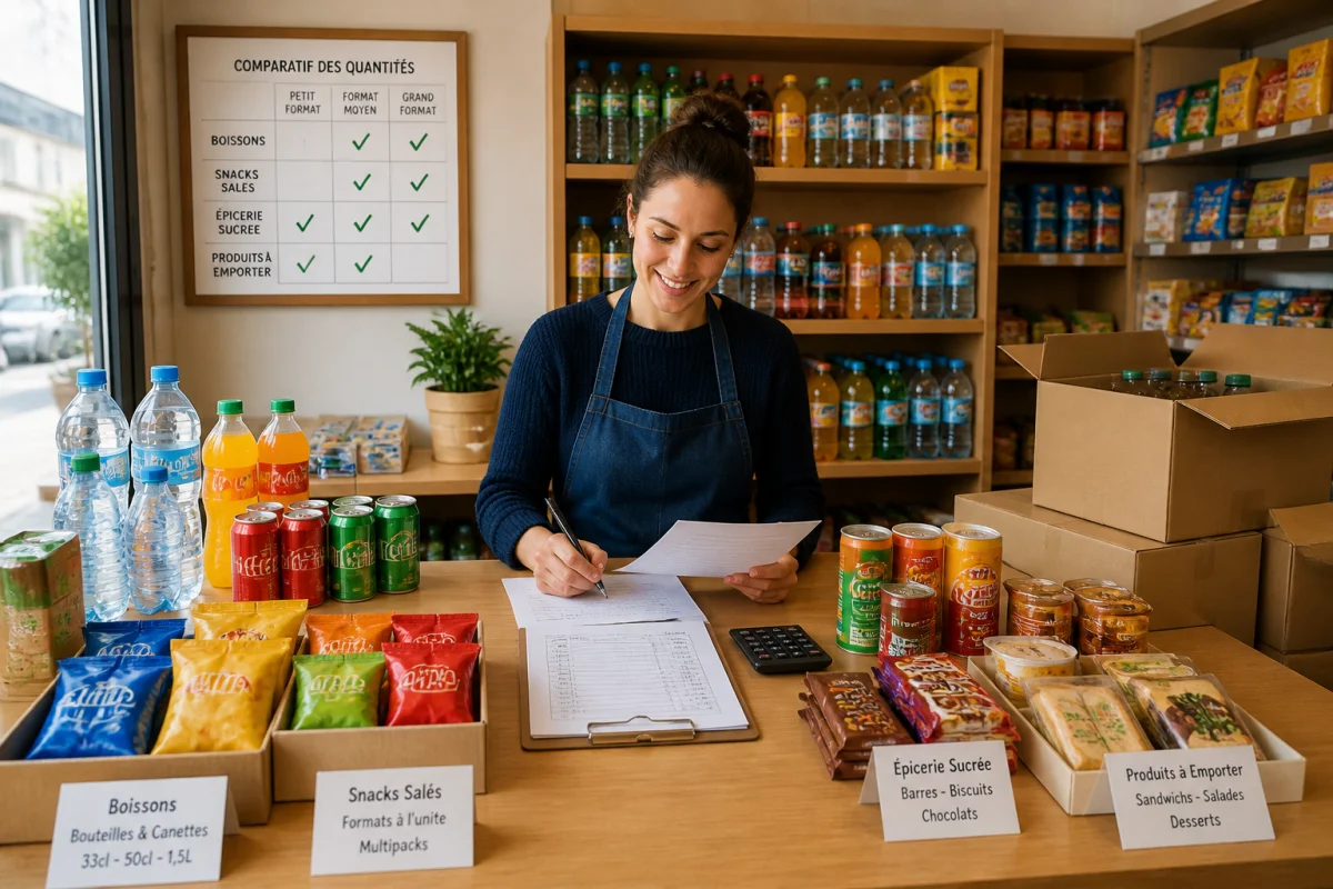 Commerçant organisant bouteilles, canettes, snacks et produits d’épicerie pour ouvrir un commerce de boissons rentable