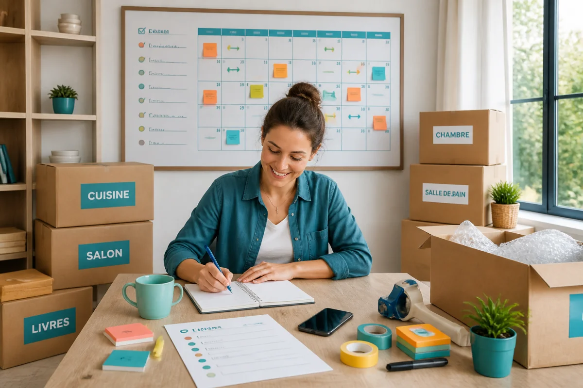 Personne souriante planifiant son déménagement de maison avec un calendrier, une liste de tâches et des cartons organisés