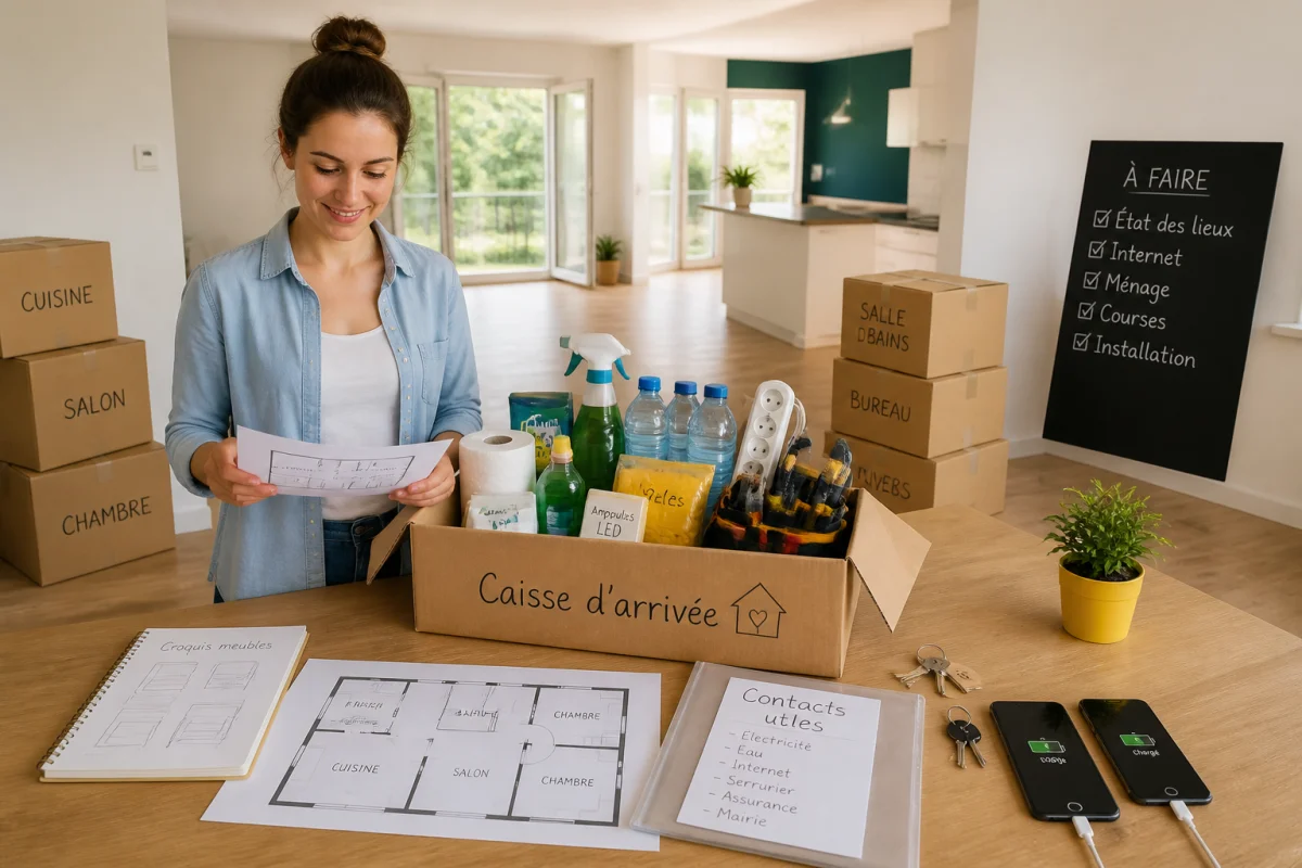 Personne préparant son déménagement de maison dans un intérieur neuf, avec plan, cartons étiquetés et caisse d’arrivée organisée