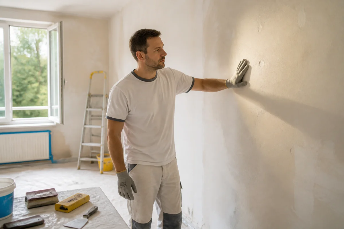 Personne contrôlant un mur poncé dans un logement préparé avant travaux, sol protégé et outils de finition.