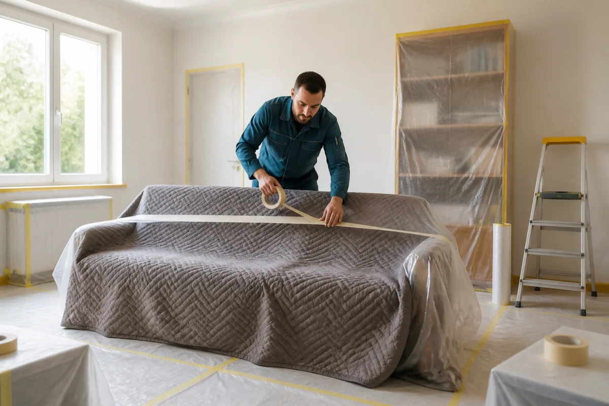 Préparer un logement avant travaux en protégeant soigneusement un canapé et le mobilier du salon