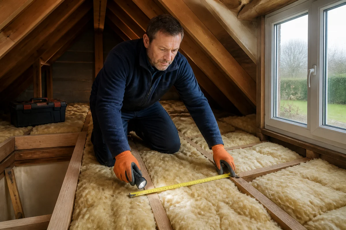Propriétaire vérifiant l’isolation des combles pour préparer sa maison pour l’hiver avant les premiers froids