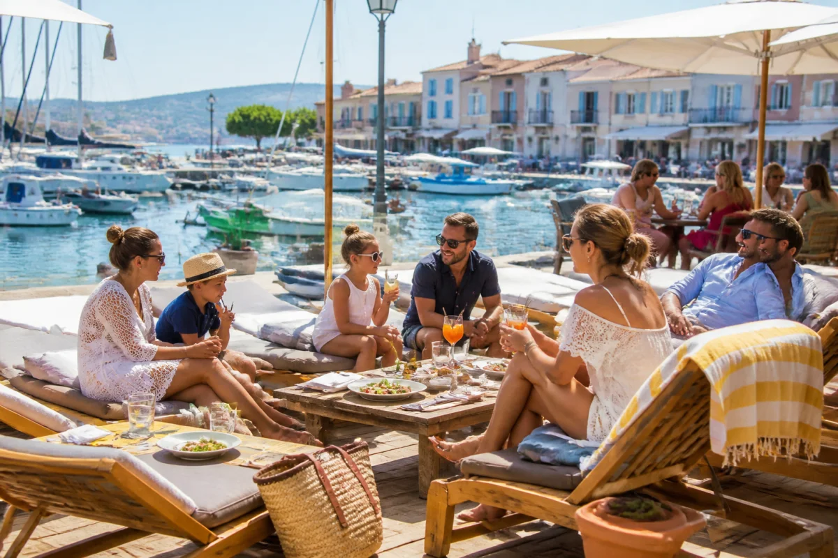 Vacanciers profitant de transats au bord du port du Barcarès, entre bateaux, terrasses estivales et ambiance méditerranéenne