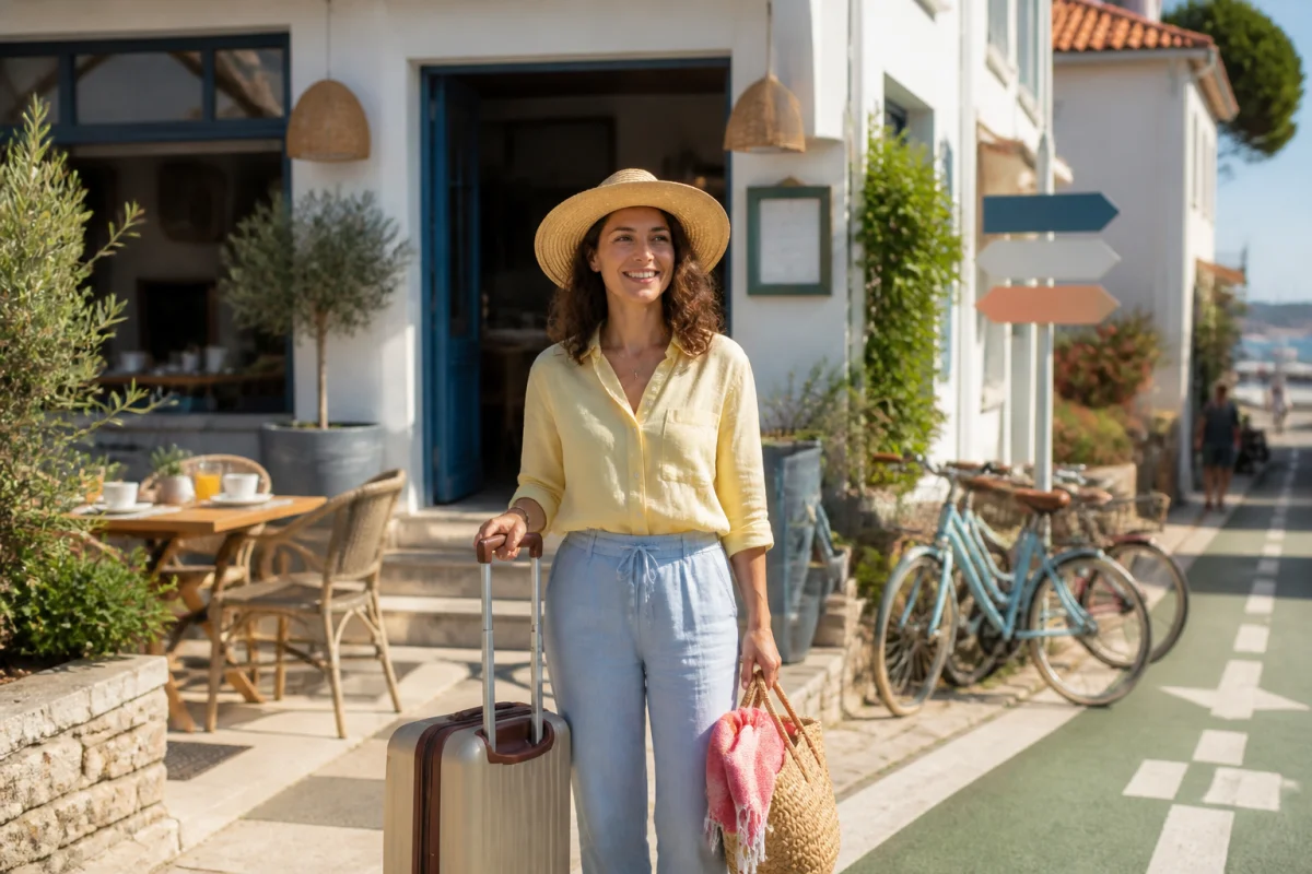 Voyageuse souriante devant un hôtel côtier, avec valise et panier de plage, terrasse, vélos et accès à la plage en arrière-plan