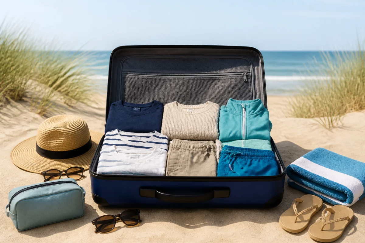 Valise ouverte avec vêtements et accessoires essentiels pour préparer un séjour en bord de mer, plage en arrière-plan