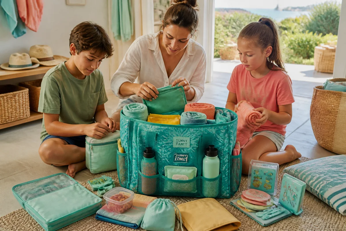 Famille préparant un séjour à la plage en organisant vêtements, serviettes, gourdes et jeux dans un sac familialcuntegn