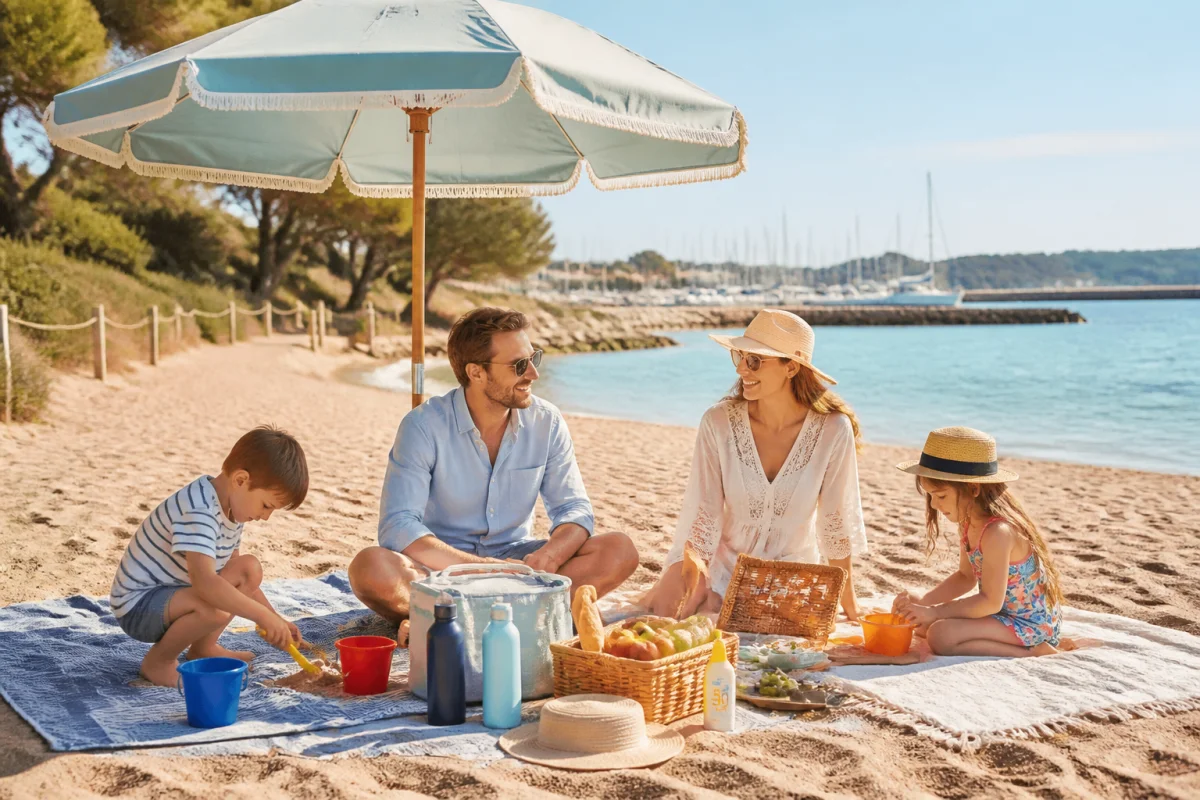 Famille préparant un séjour à la plage, avec pique-nique, accessoires de baignade et espace ombragé au bord d’une mer calme