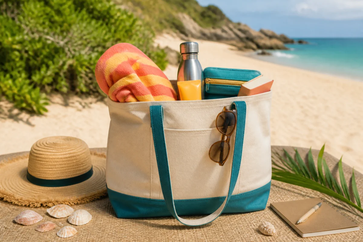 Sac de plage ouvert avec serviette, crème solaire, lunettes, gourde et chapeau pour préparer ses vacances à la plage