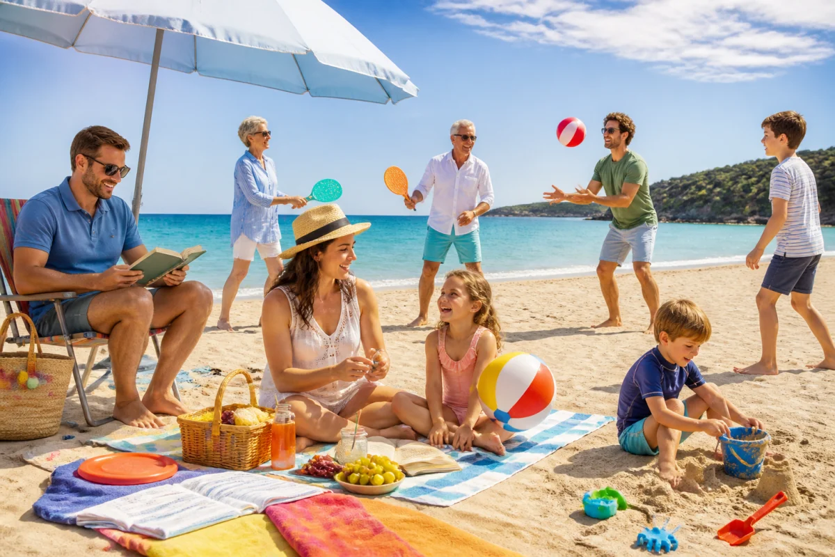 Famille souriante profitant d’activités variées sur une plage ensoleillée pour préparer ses vacances à la plage