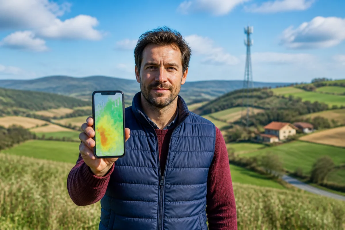 Personne consultant une carte de couverture mobile sur smartphone dans une campagne vallonnée avec antenne-relais au loin