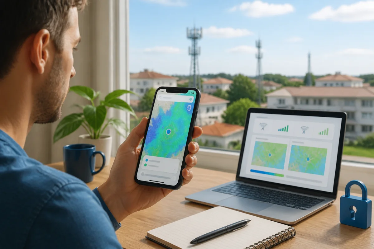 Personne vérifiant la couverture mobile sur smartphone pour comprendre quel opérateur utilise Prixtel