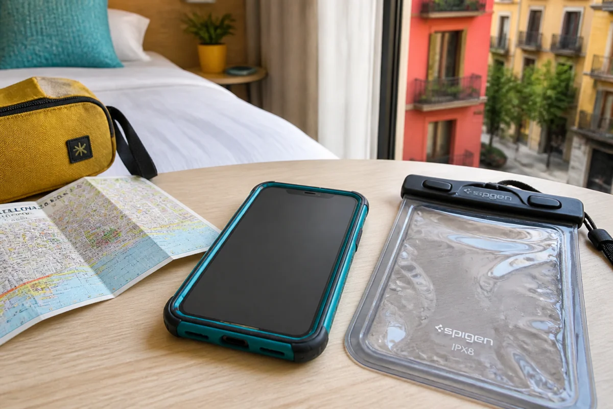 Smartphone protégé par une coque antichoc, un verre protecteur et une pochette étanche avant un voyage