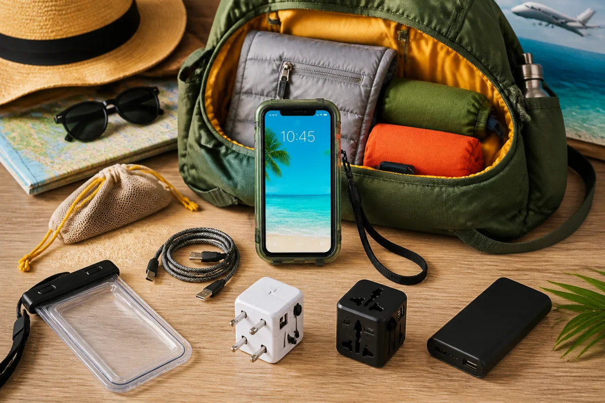 Protéger son smartphone en voyage avec dragonne, pochette hermétique, adaptateur universel et batterie externe dans un sac à dos.