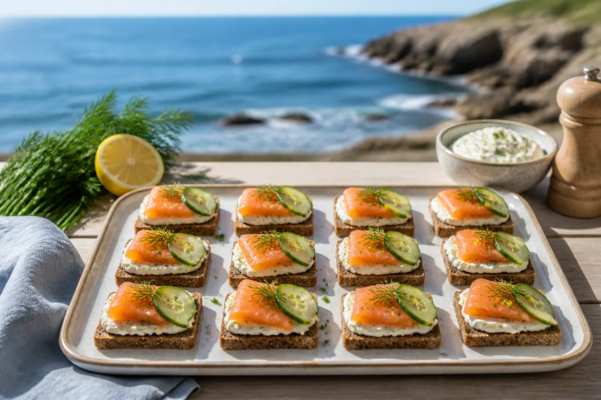 Recette d’apéritif en bord de mer avec tartines de seigle à la truite fumée, concombre et herbes fraîches