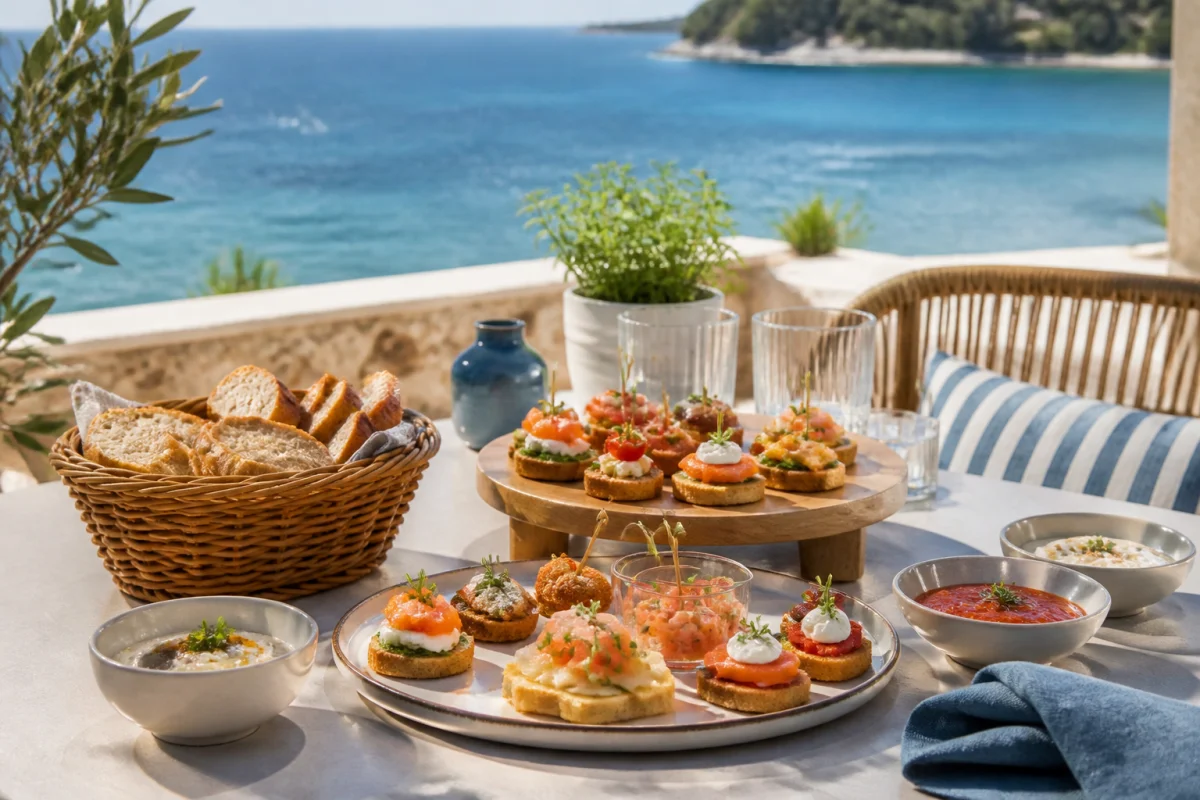 Buffet d’apéritif soigneusement dressé sur une terrasse face à la mer, avec bouchées variées, sauces et herbes fraîches