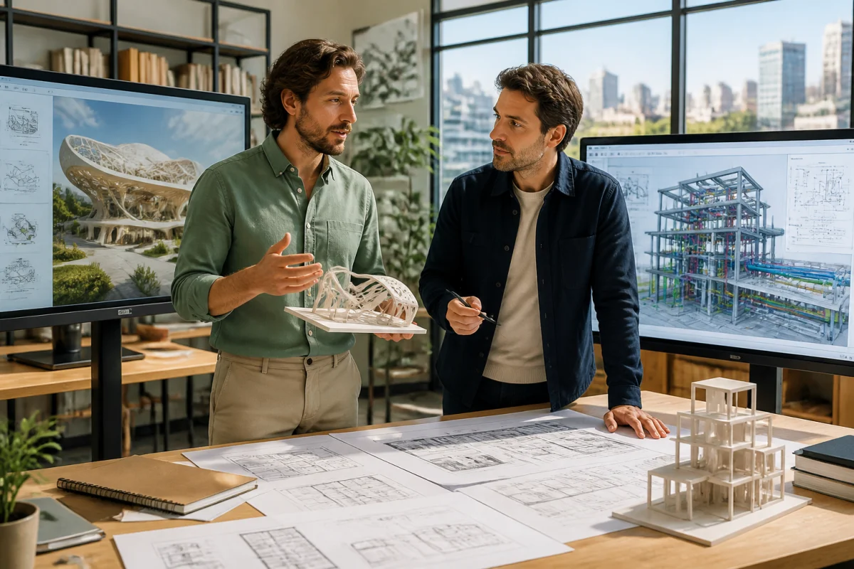 Deux architectes comparant Revit ou Archicad devant des maquettes BIM organique et paramétrique sur écrans.