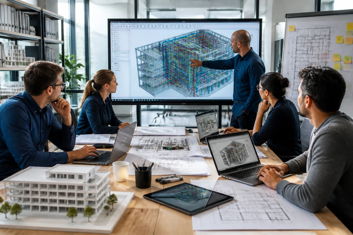 Équipe pluridisciplinaire collaborant autour d’une maquette numérique BIM pour choisir entre Revit ou Archicad