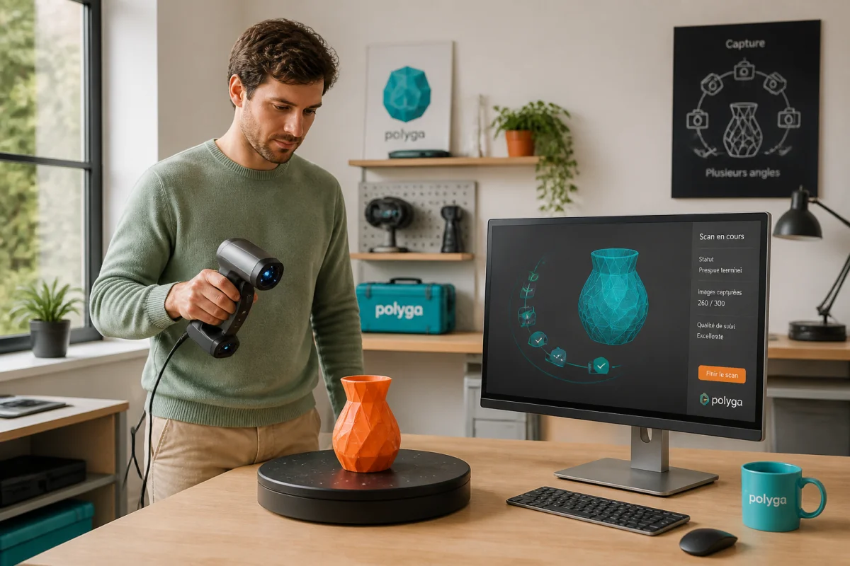 Personne utilisant un scanner 3D portatif pour numériser une sculpture géométrique sur un plateau tournantTHOOK