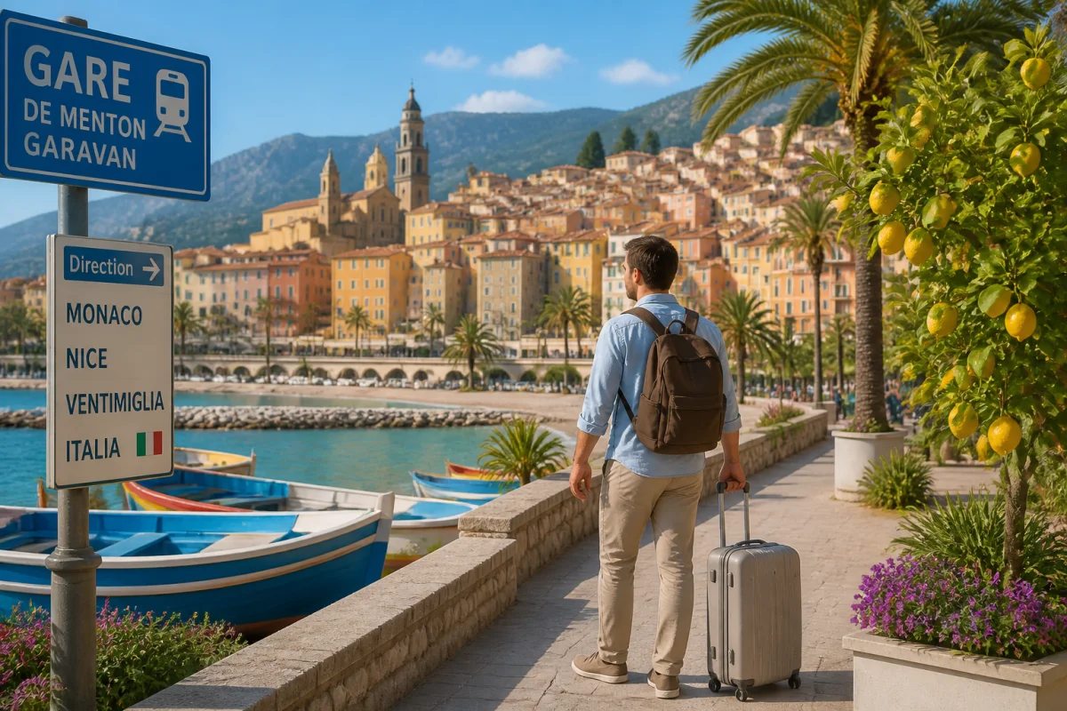 Voyageur équipé observant la promenade maritime de Menton, ses palmiers, façades colorées et reliefs côtiers méditerranéens