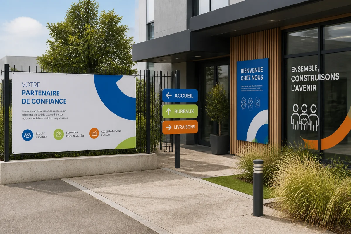 Signalétique d’entreprise efficace avec affiches, bâche, panneaux directionnels et lettrage vitrine devant une façade moderne