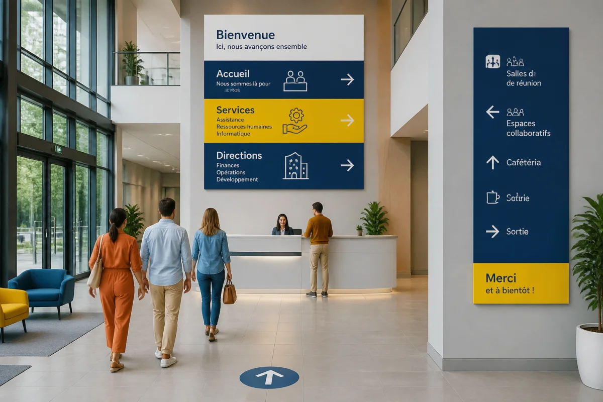 Signalétique d’entreprise efficace dans un hall moderne, orientant clairement les visiteurs vers l’accueil et les services