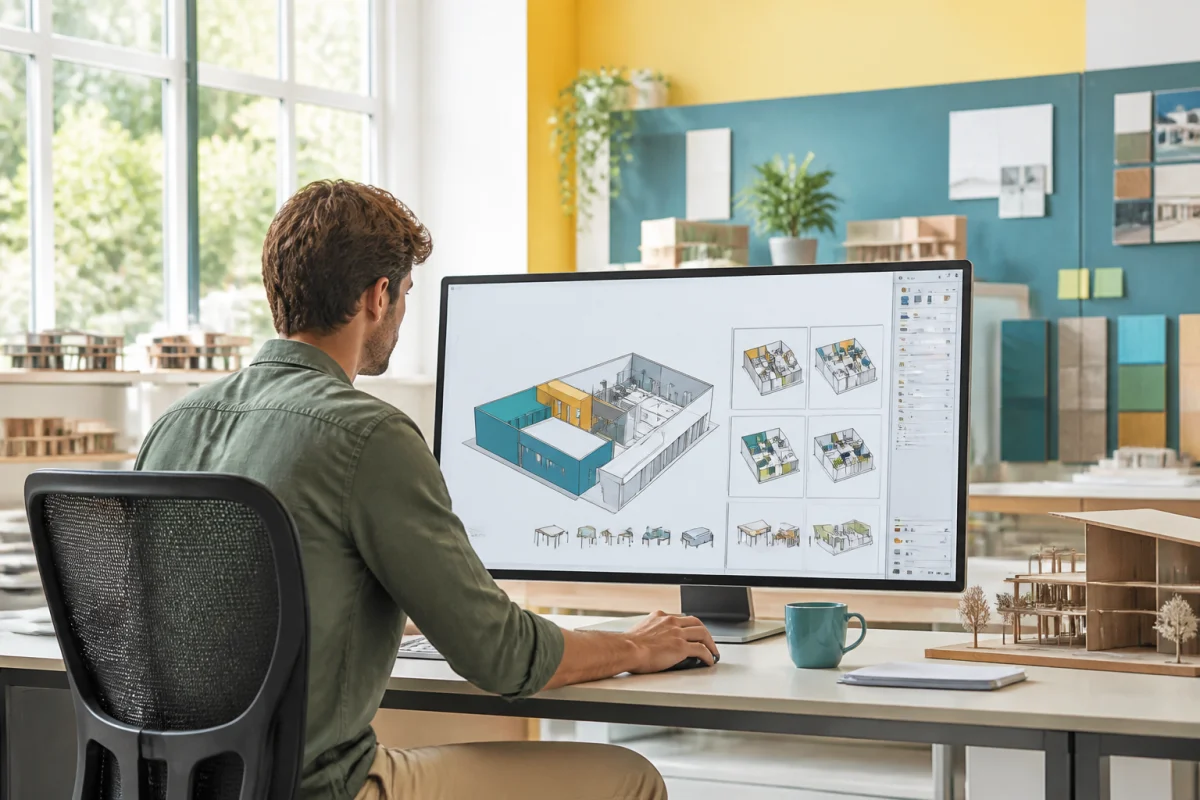 Architecte concevant un modèle 3D architectural coloré sur écran, illustrant le choix entre SketchUp ou Revit