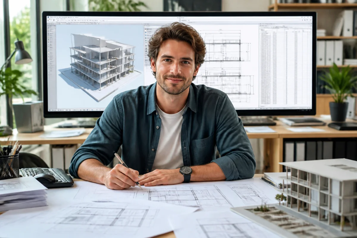 Architecte comparant SketchUp ou Revit devant une maquette BIM, des plans techniques et des nomenclatures sur écran
