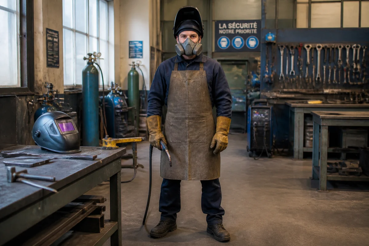 Soudeur équipé de protections, respirateur et masque relevé dans un atelier métallique organisé pour souder du métal en atelier