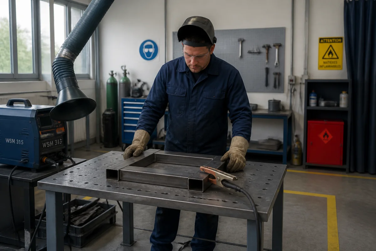 Soudage du métal en atelier : opérateur préparant un poste sécurisé, organisé et équipé pour un assemblage précis