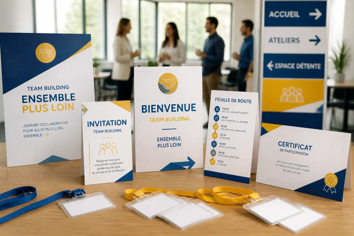 Supports imprimés coordonnés pour organiser un team building en entreprise, avec badges, signalétique et feuille de route professionnelle