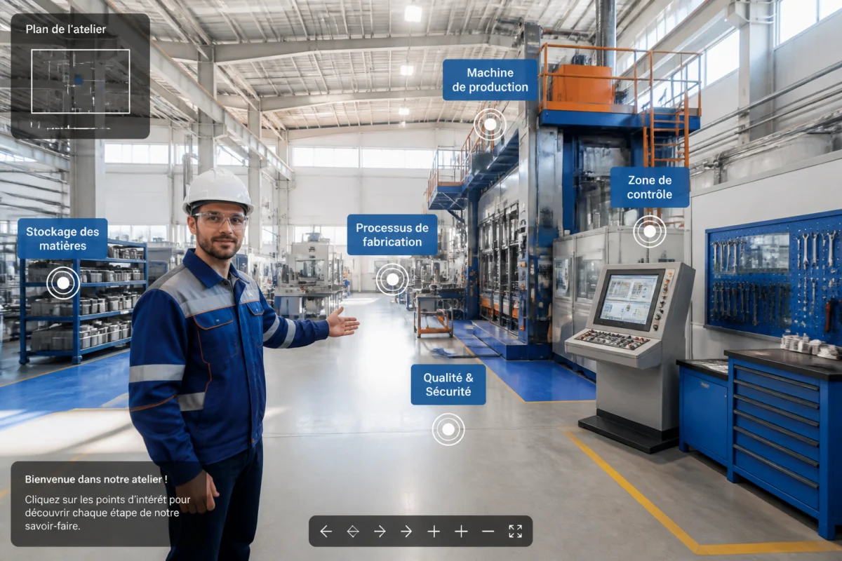 Visite virtuelle pour entreprise dans un atelier industriel moderne, opérateur en sécurité présentant machines et savoir-faire technique.