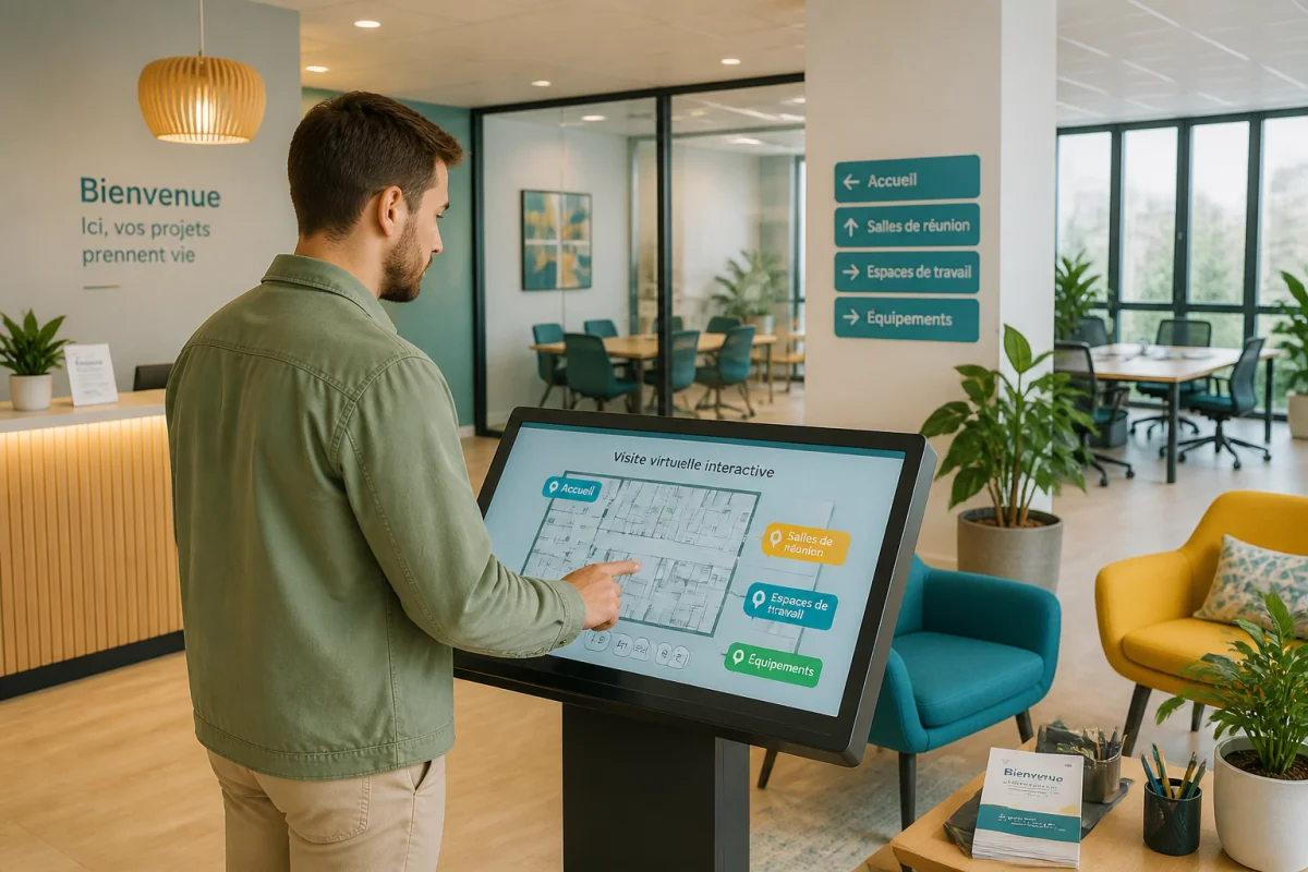 Prospect consultant une visite virtuelle pour entreprise sur écran tactile, présentant l’accueil, les salles de réunion et les équipements.
