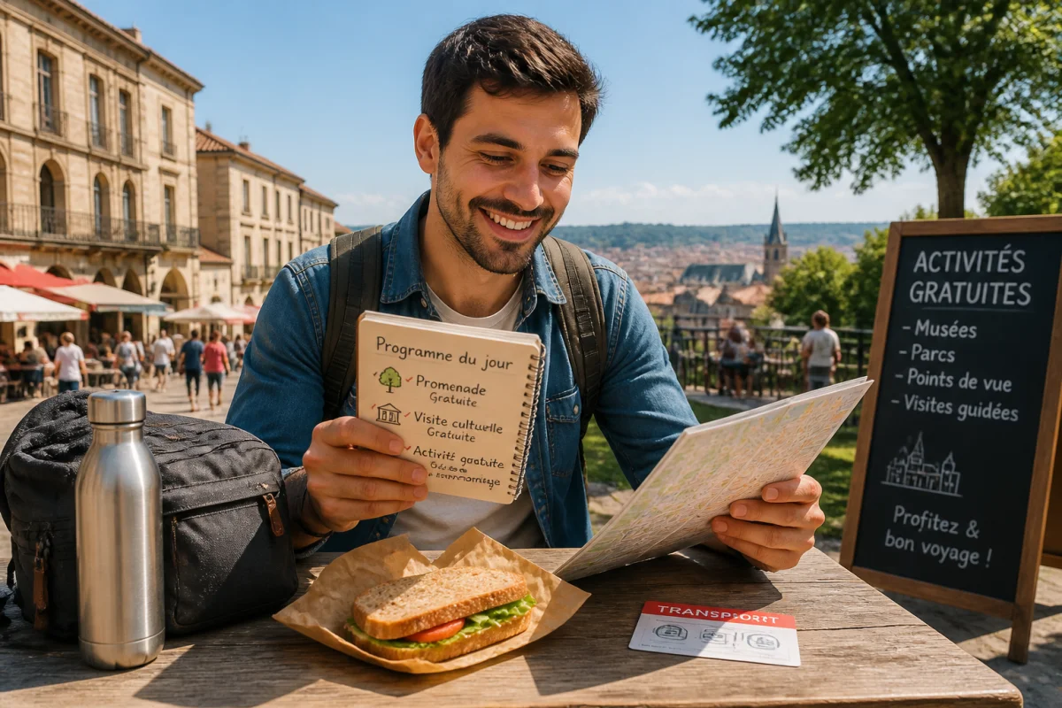 Voyageur souriant planifiant un itinéraire économique avec carte, carnet et activités gratuites dans une ville historique.
