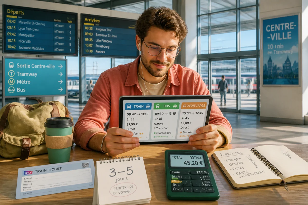 Voyageur comparant des transports économiques sur tablette dans une gare, pour voyager avec un budget serré.