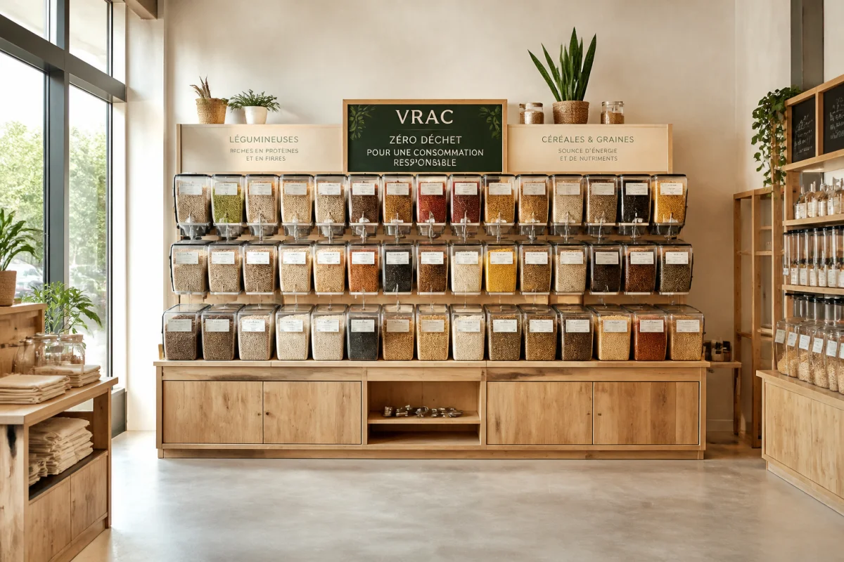 Rayon vrac Woodland Garden avec meubles en bois local, bacs hermétiques propres et produits clairement identifiés