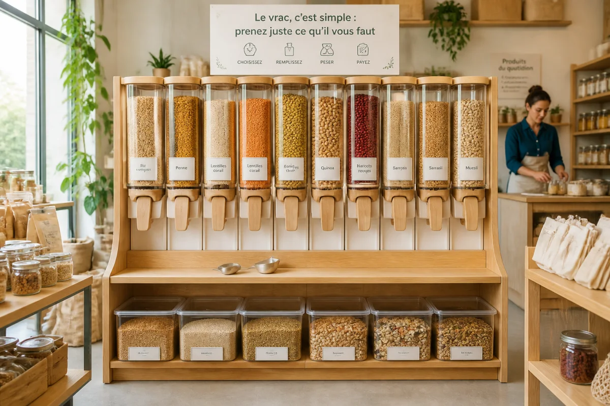 Rayon vrac Woodland Garden en bois naturel, distributeurs hygiéniques, bocaux réutilisables et produits secs dans une épicerie responsable