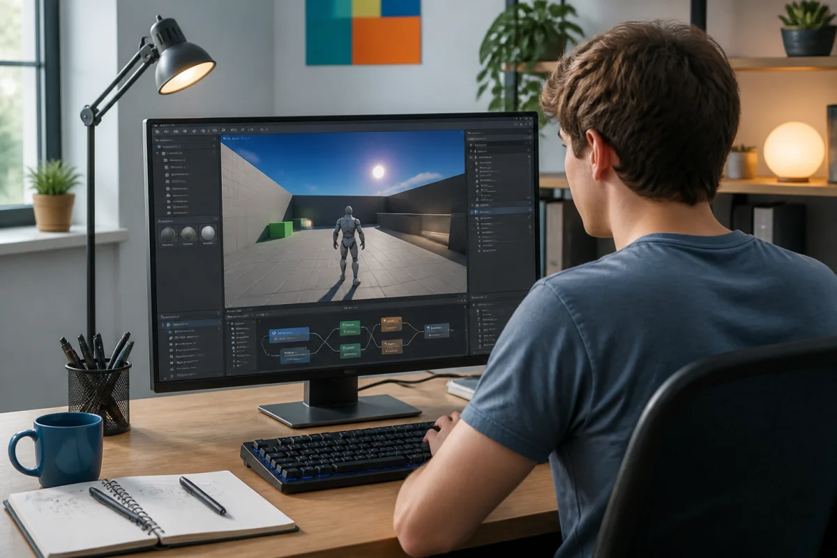Débutant utilisant Unreal Engine pour créer un personnage jouable dans une scène 3D avec éclairage et script visuel
