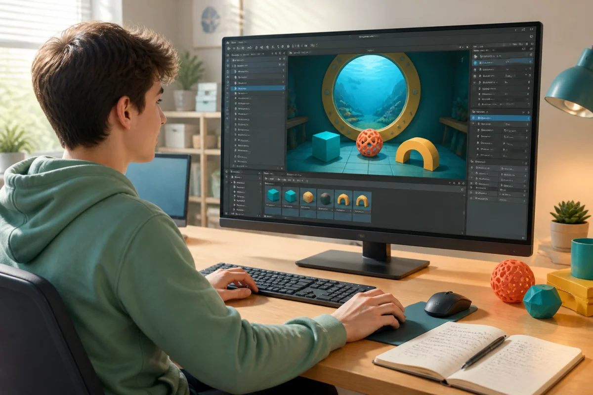 Débutant découvrant comment utiliser Unreal Engine devant un écran affichant une scène 3D et l’interface d’un éditeur de jeu.